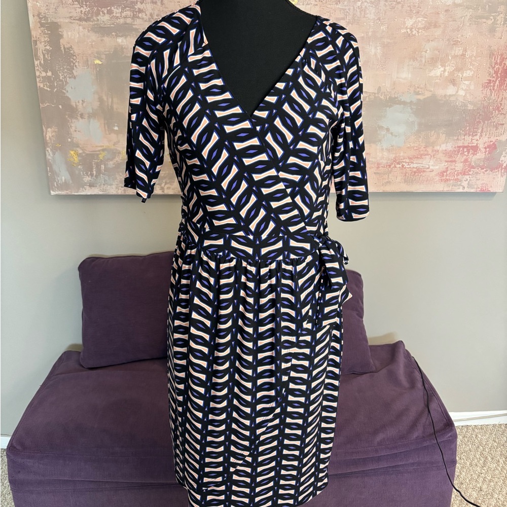 Evan Picone Orange Black Blue Sheath Midi Dress with V-Neck Faux Wrap Dressā S6